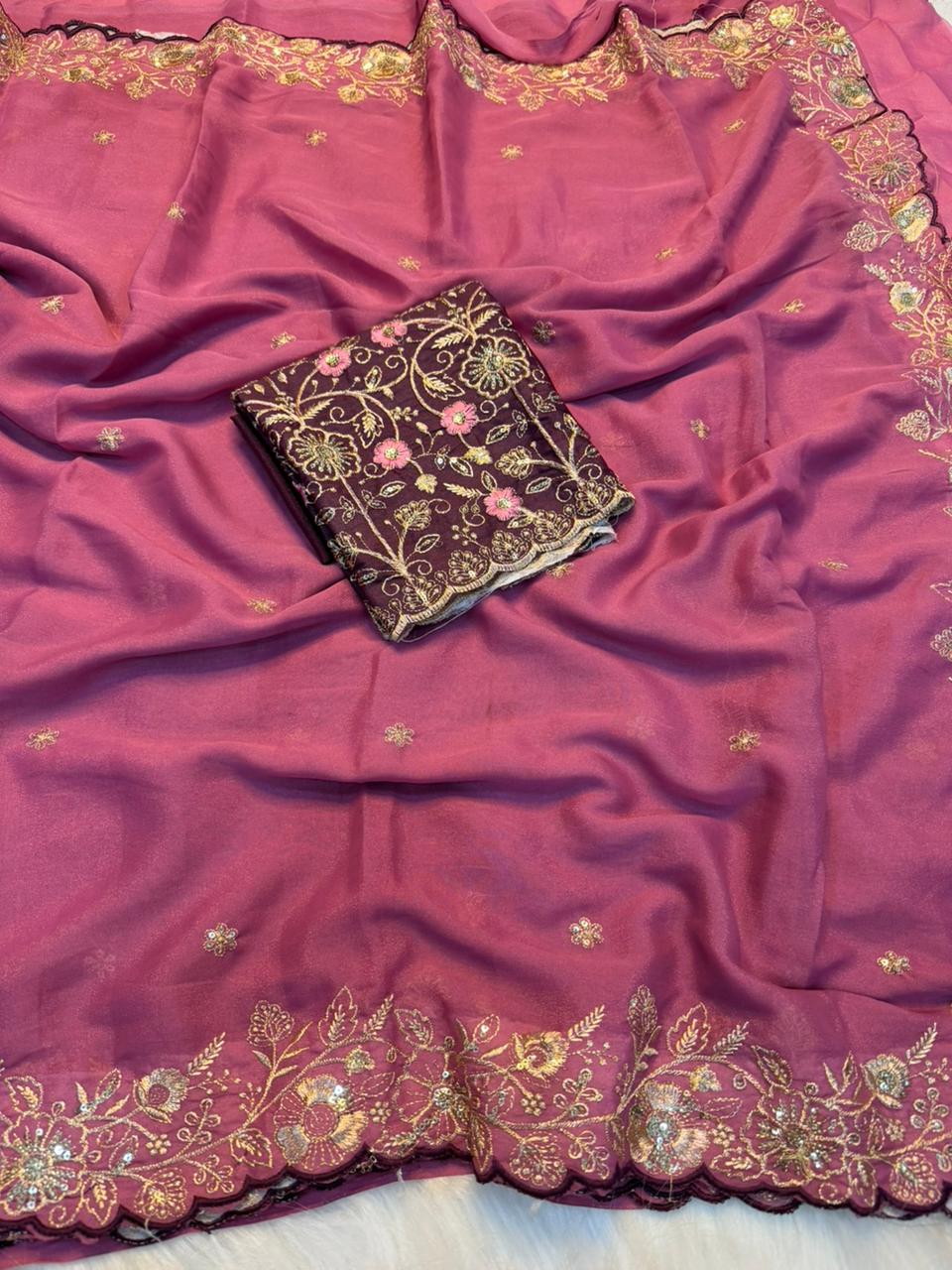 Charming Wedding Wear Georgette Heavy Sequence Work Saree With Contrast Blouse Piece