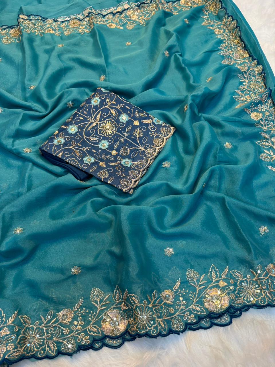 Charming Wedding Wear Georgette Heavy Sequence Work Saree With Contrast Blouse Piece
