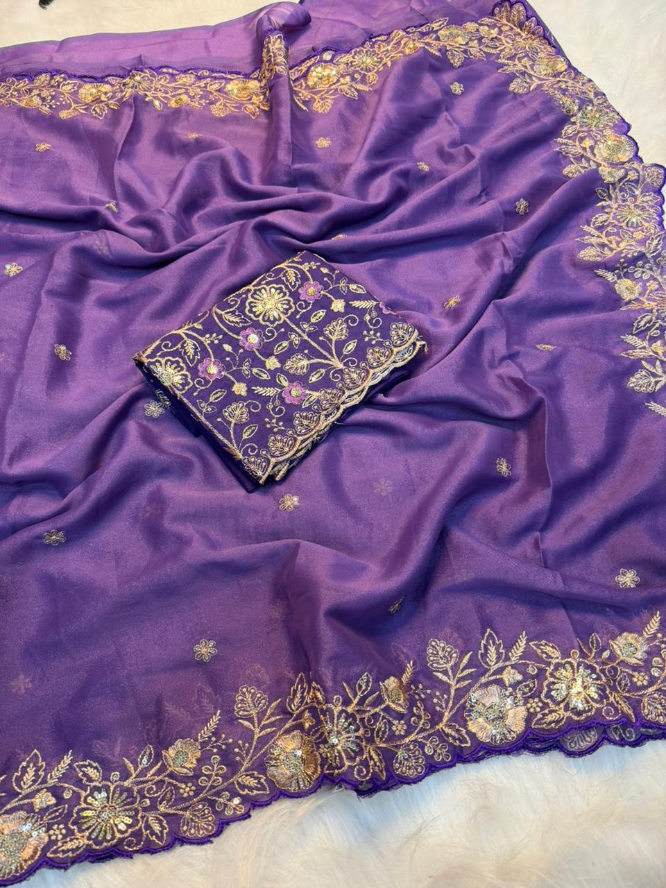 Charming Wedding Wear Georgette Heavy Sequence Work Saree With Contrast Blouse Piece