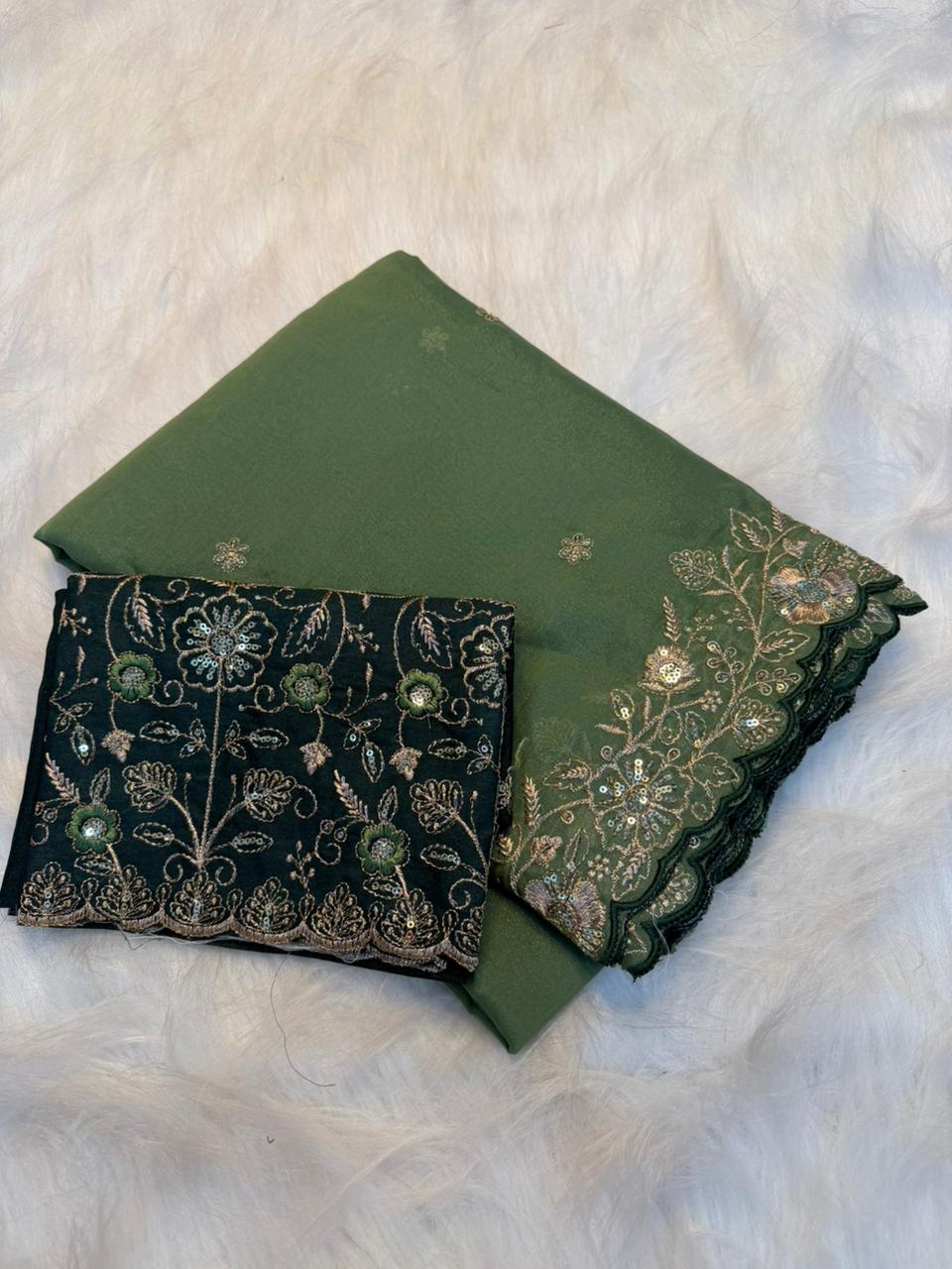 Charming Wedding Wear Georgette Heavy Sequence Work Saree With Contrast Blouse Piece
