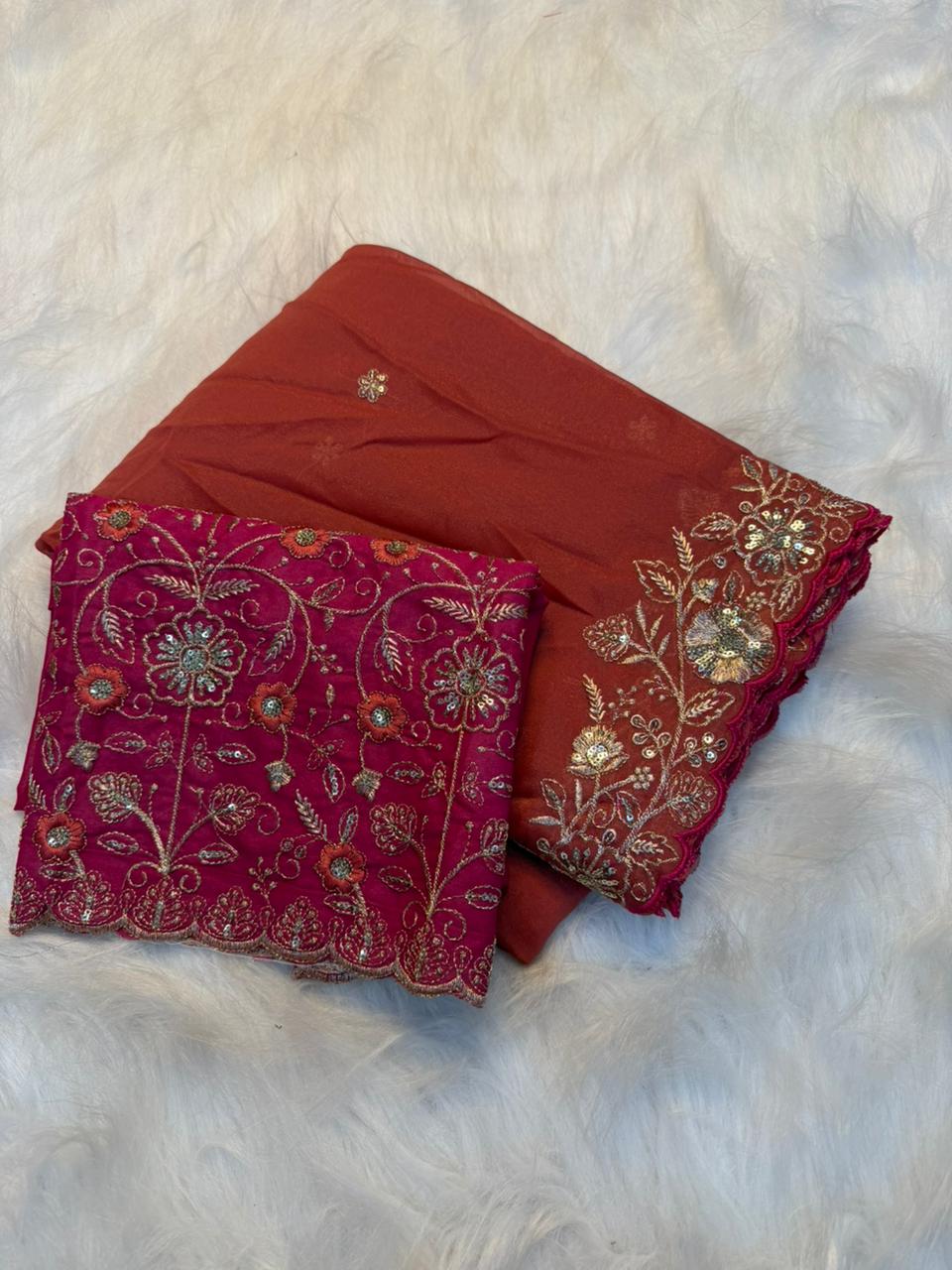 Charming Wedding Wear Georgette Heavy Sequence Work Saree With Contrast Blouse Piece