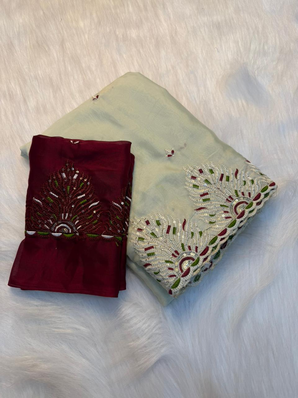 Royal Party Wear Rangoli Silk Embroidery n Sequence Work Designer Saree With Contrast Blouse Piece