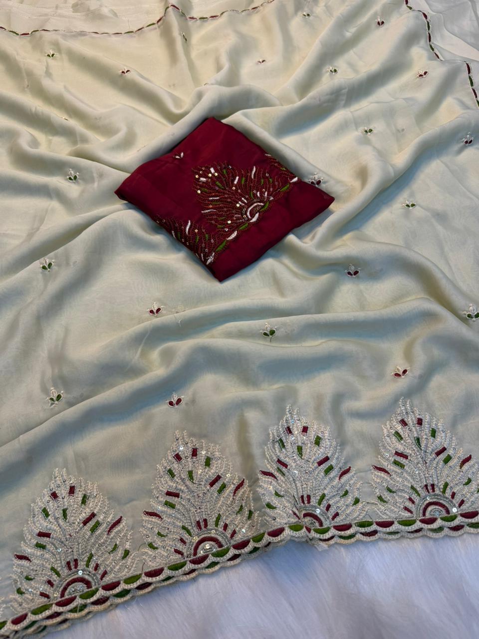 Royal Party Wear Rangoli Silk Embroidery n Sequence Work Designer Saree With Contrast Blouse Piece