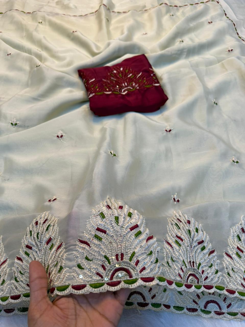 Royal Party Wear Rangoli Silk Embroidery n Sequence Work Designer Saree With Contrast Blouse Piece