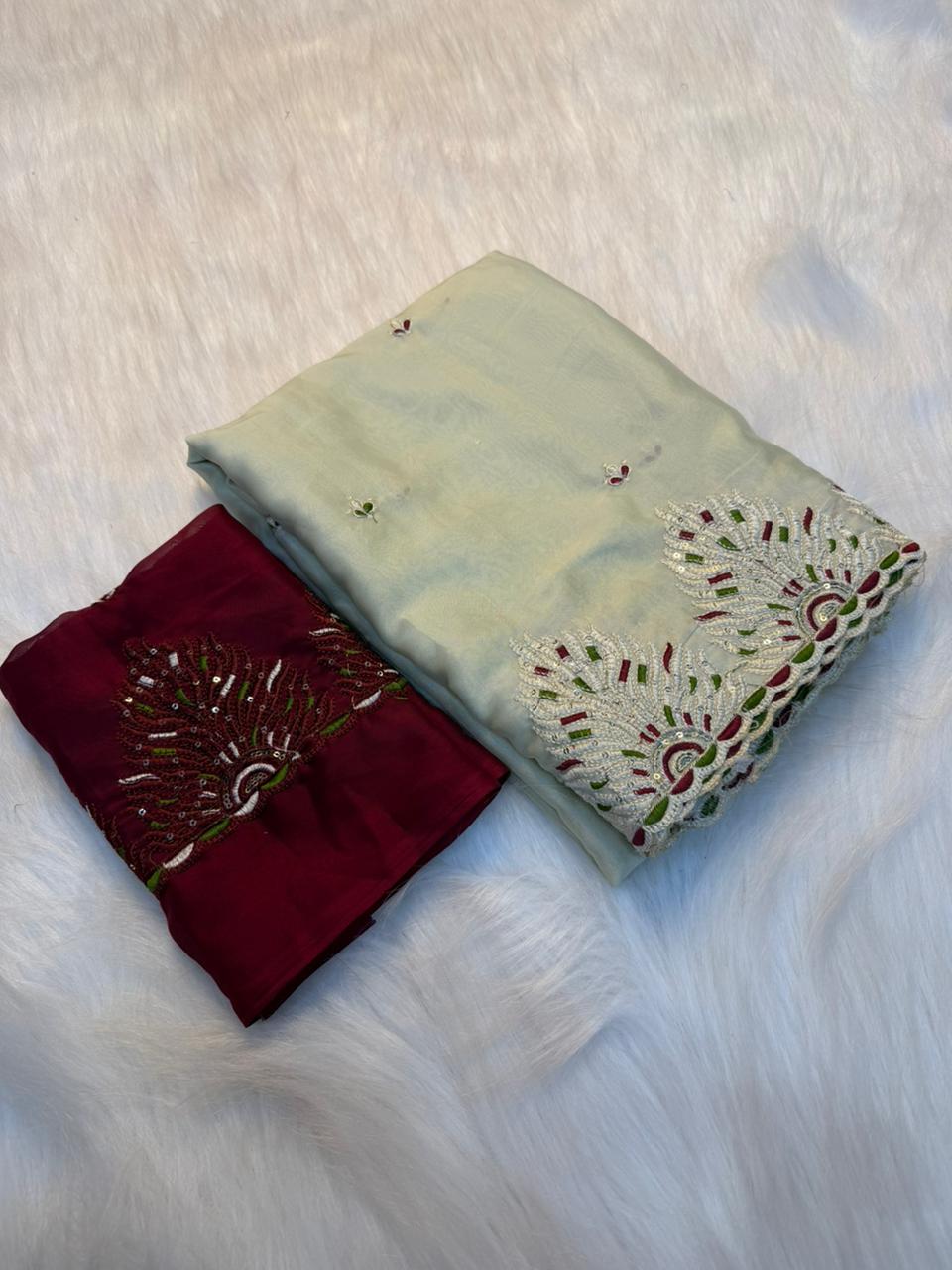 Royal Party Wear Rangoli Silk Embroidery n Sequence Work Designer Saree With Contrast Blouse Piece