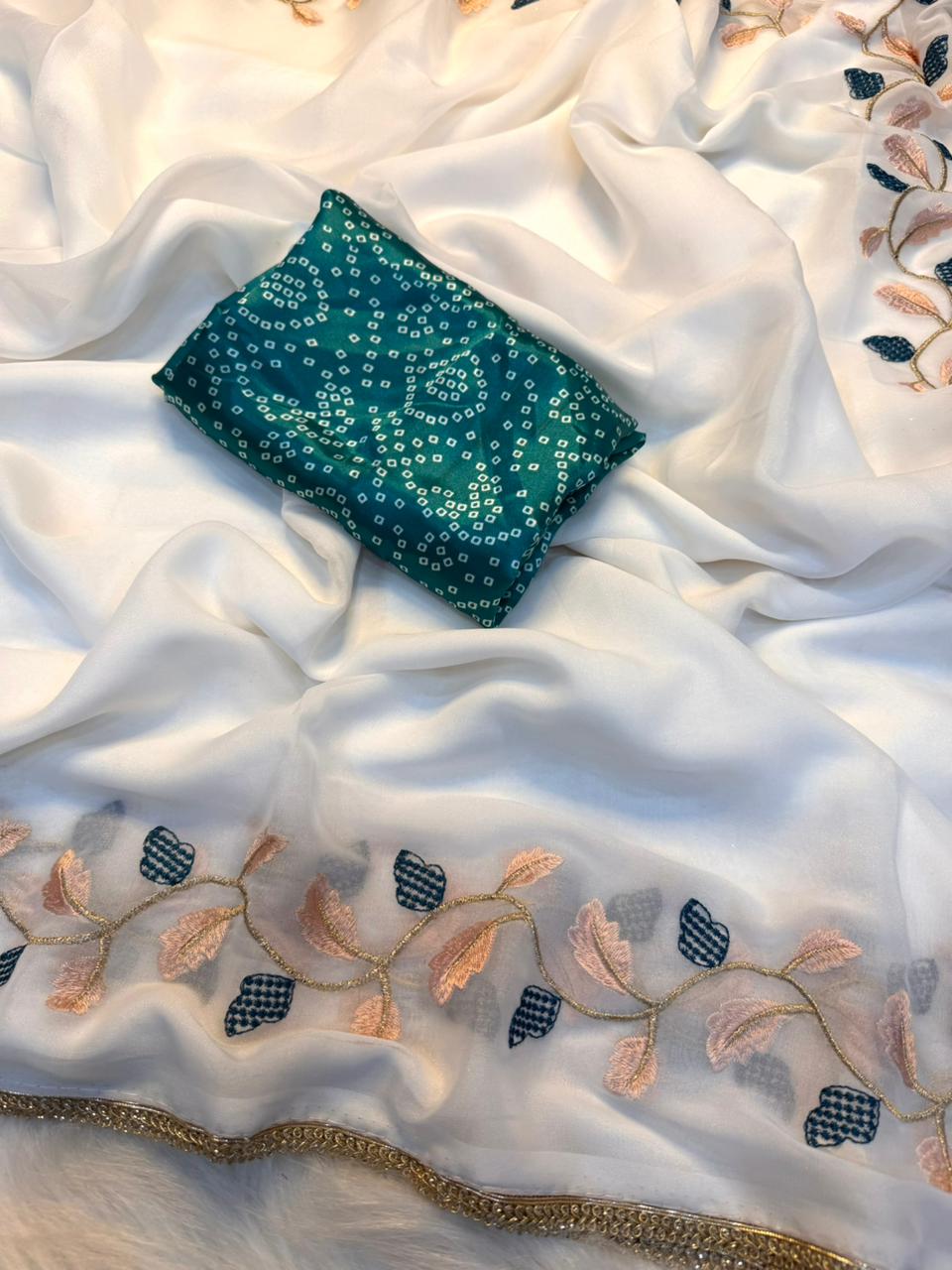 Splendorous Festive Wear Georgette Embroidery Work Designer Saree With Bandhani Blouse Piece