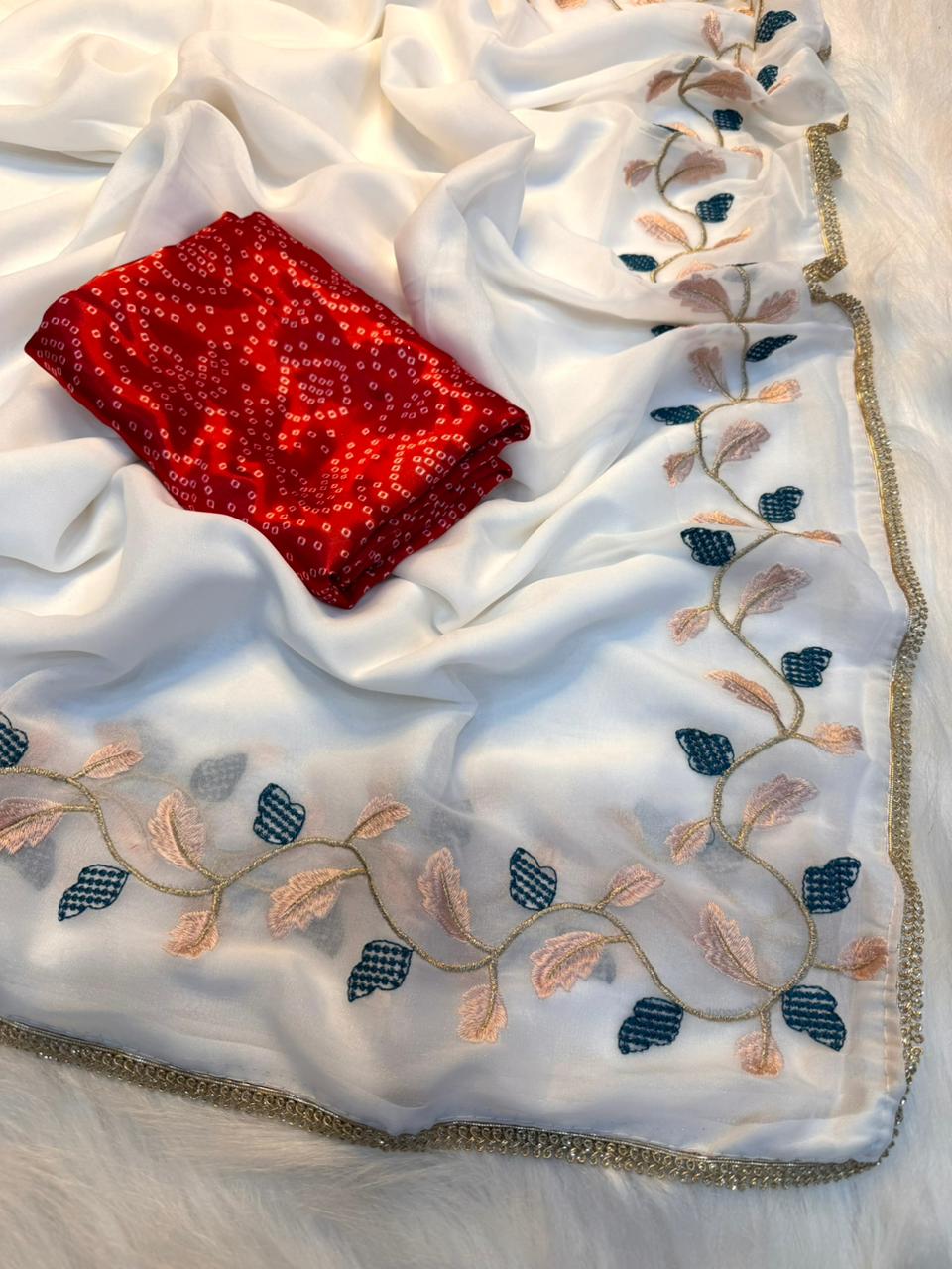 Splendorous Festive Wear Georgette Embroidery Work Designer Saree With Bandhani Blouse Piece