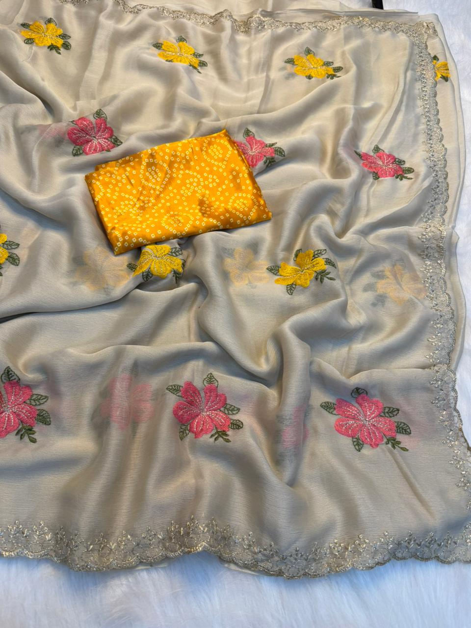 Graceful  Function Wear Georgette Embroidery Work Fancy Saree With Bandhani Blouse Piece