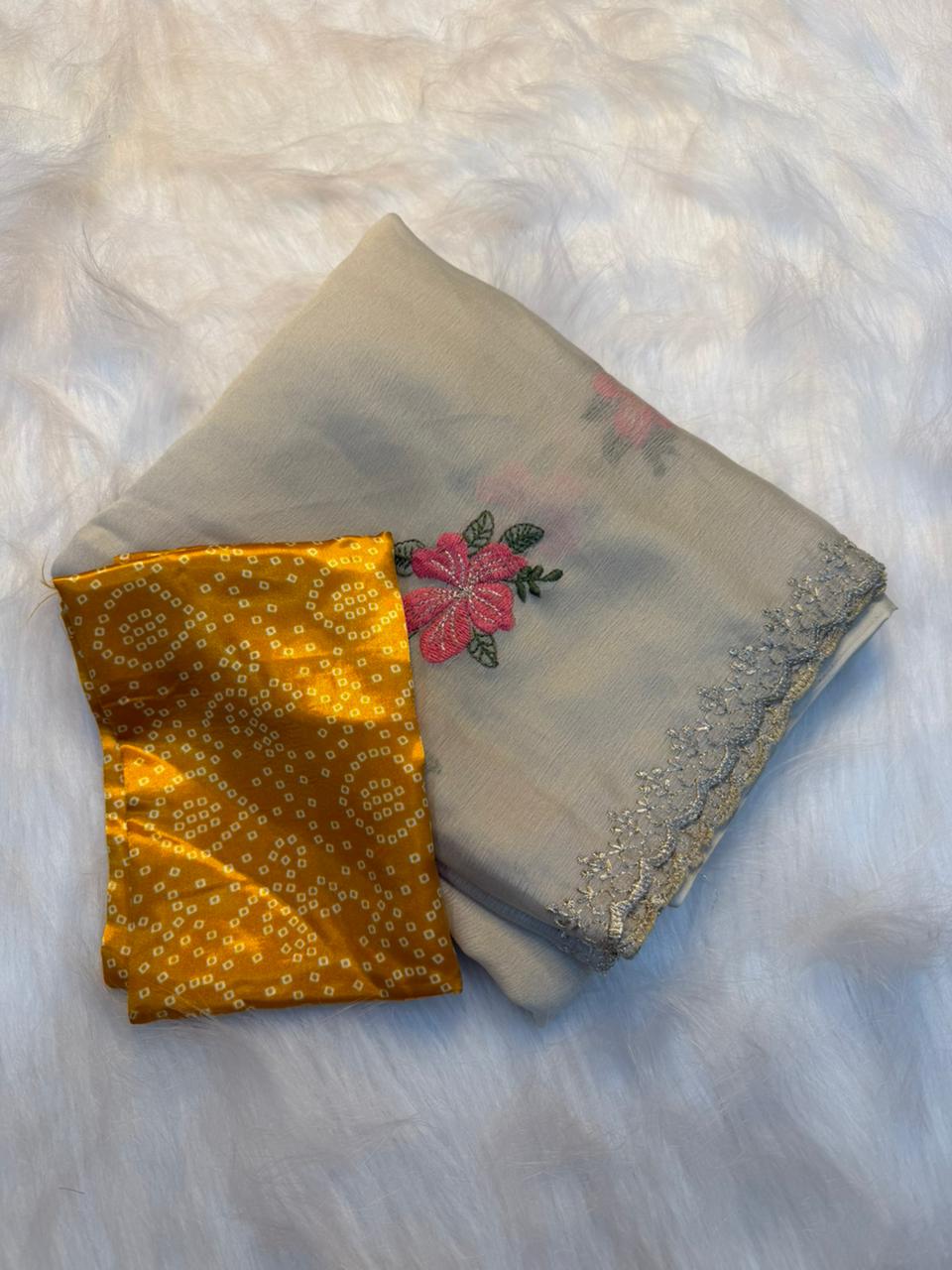 Graceful  Function Wear Georgette Embroidery Work Fancy Saree With Bandhani Blouse Piece