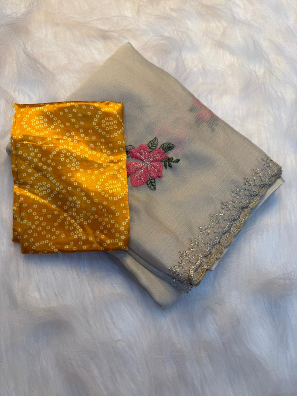 Graceful  Function Wear Georgette Embroidery Work Fancy Saree With Bandhani Blouse Piece