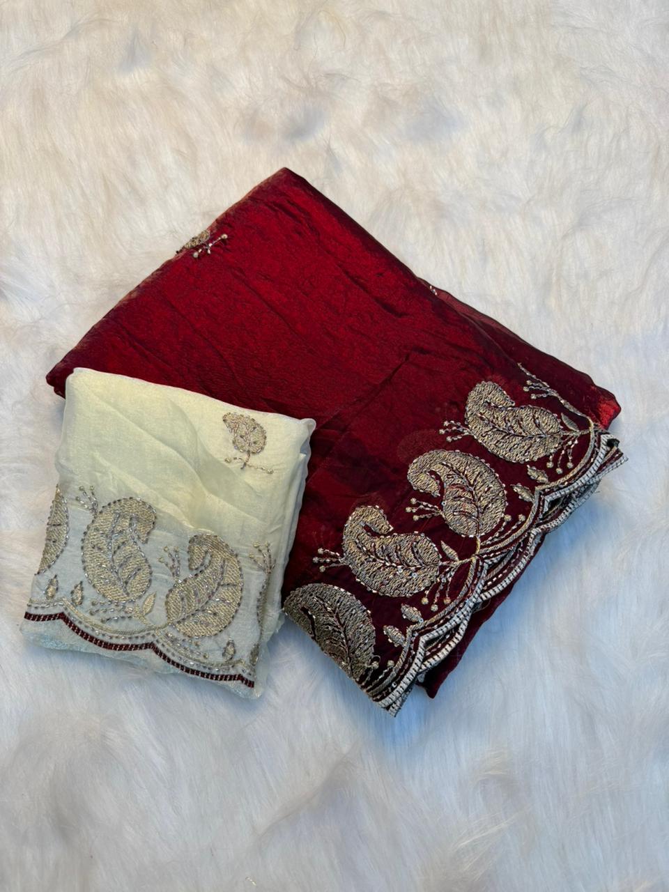 Gratifying Party Wear Soft Silk Embroidery Sequence n Thread Zari Work Saree With Contrast Blouse Piece