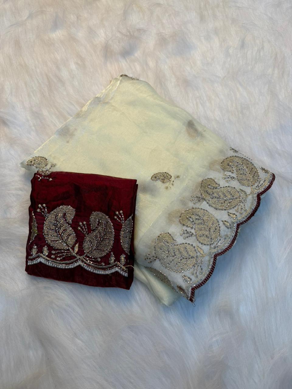Gratifying Party Wear Soft Silk Embroidery Sequence n Thread Zari Work Saree With Contrast Blouse Piece