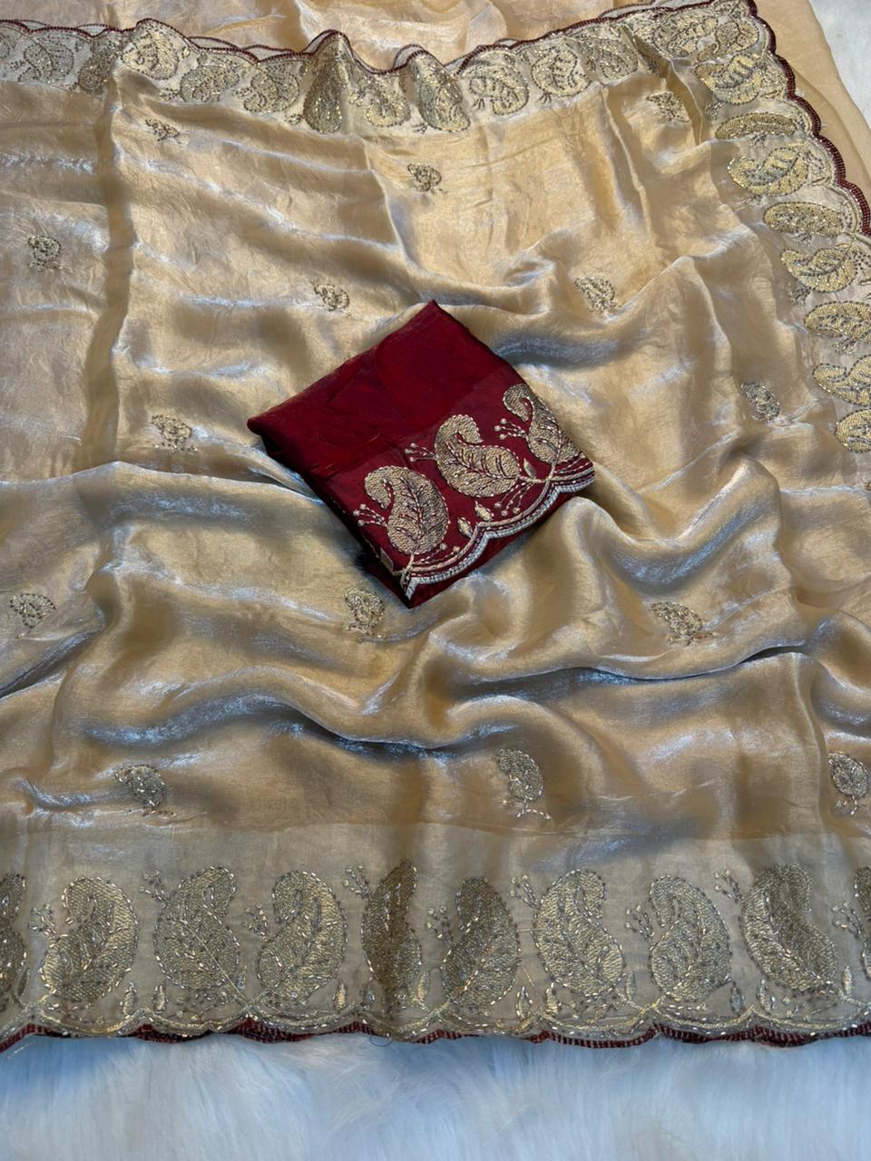 Gratifying Party Wear Soft Silk Embroidery Sequence n Thread Zari Work Saree With Contrast Blouse Piece
