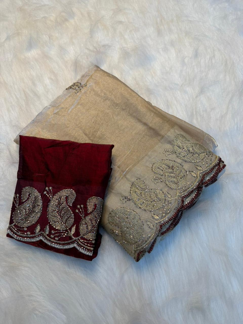 Gratifying Party Wear Soft Silk Embroidery Sequence n Thread Zari Work Saree With Contrast Blouse Piece