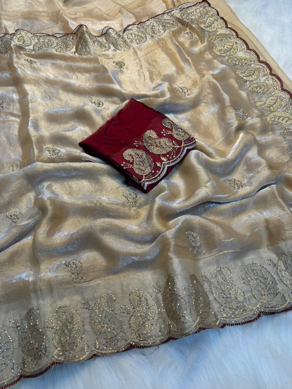 Gratifying Party Wear Soft Silk Embroidery Sequence n Thread Zari Work Saree With Contrast Blouse Piece