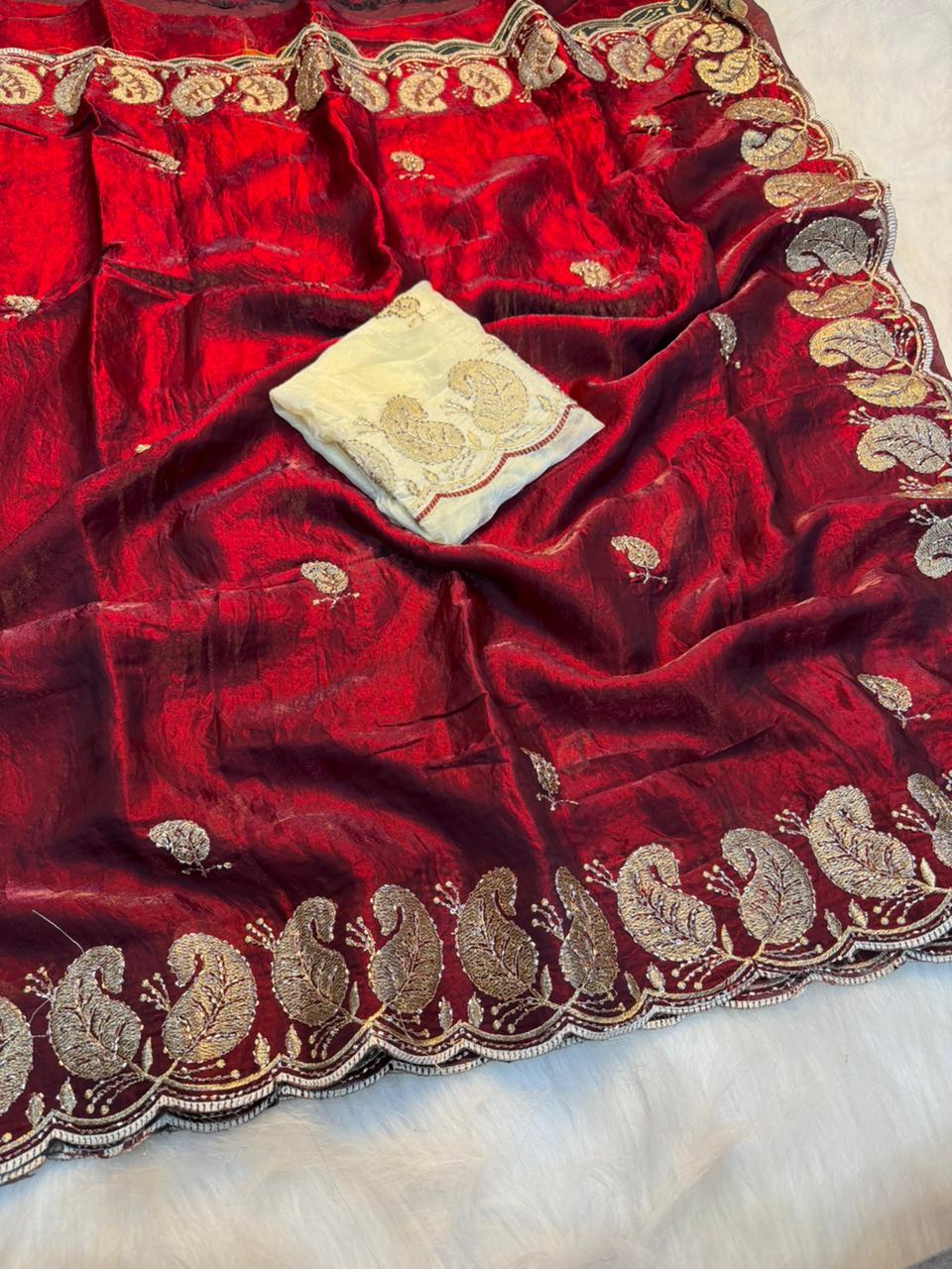 Gratifying Party Wear Soft Silk Embroidery Sequence n Thread Zari Work Saree With Contrast Blouse Piece