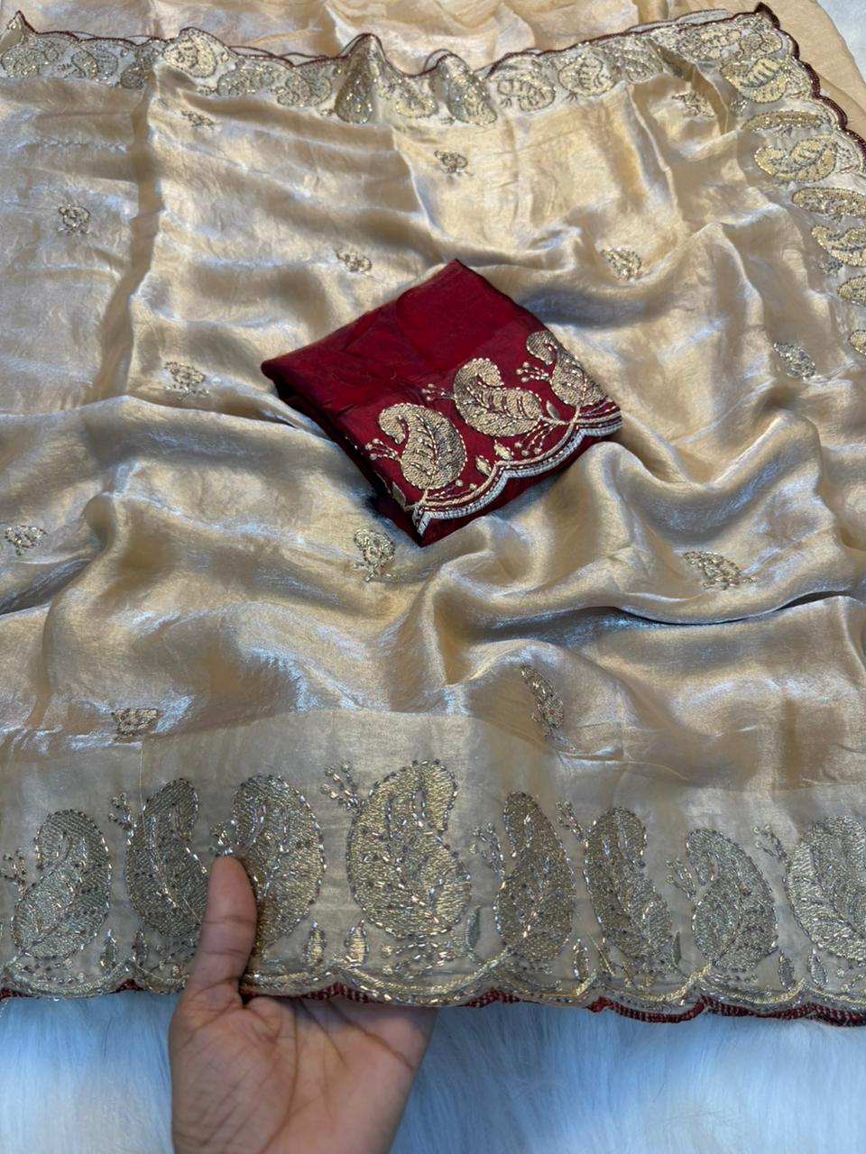Gratifying Party Wear Soft Silk Embroidery Sequence n Thread Zari Work Saree With Contrast Blouse Piece