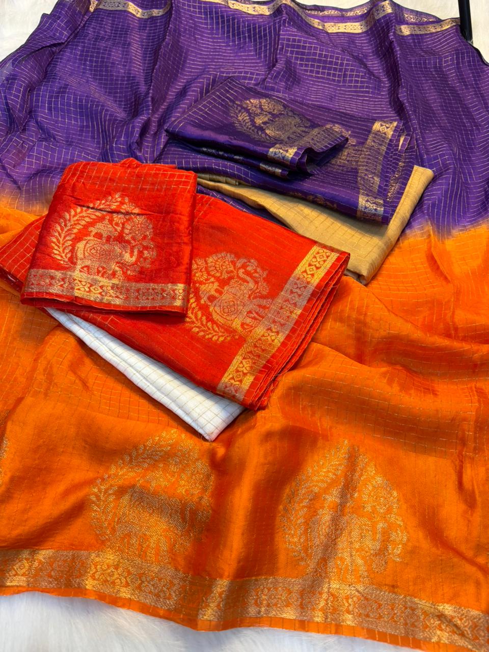 Alverina Festive Wear Double Shaded Viscose Chinnon Jacquard Weaving Work Fancy Saree With Blouse Piece