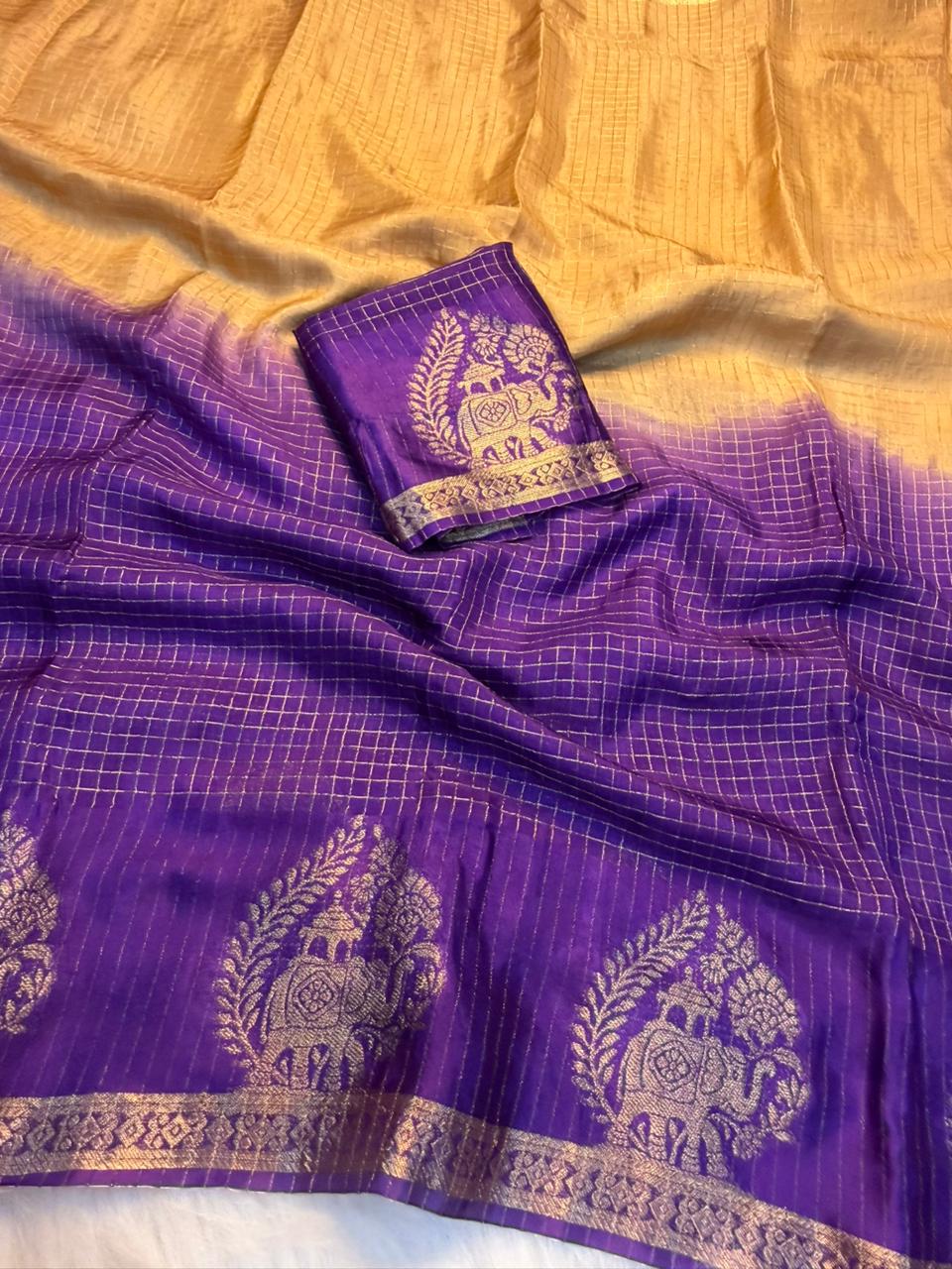 Alverina Festive Wear Double Shaded Viscose Chinnon Jacquard Weaving Work Fancy Saree With Blouse Piece