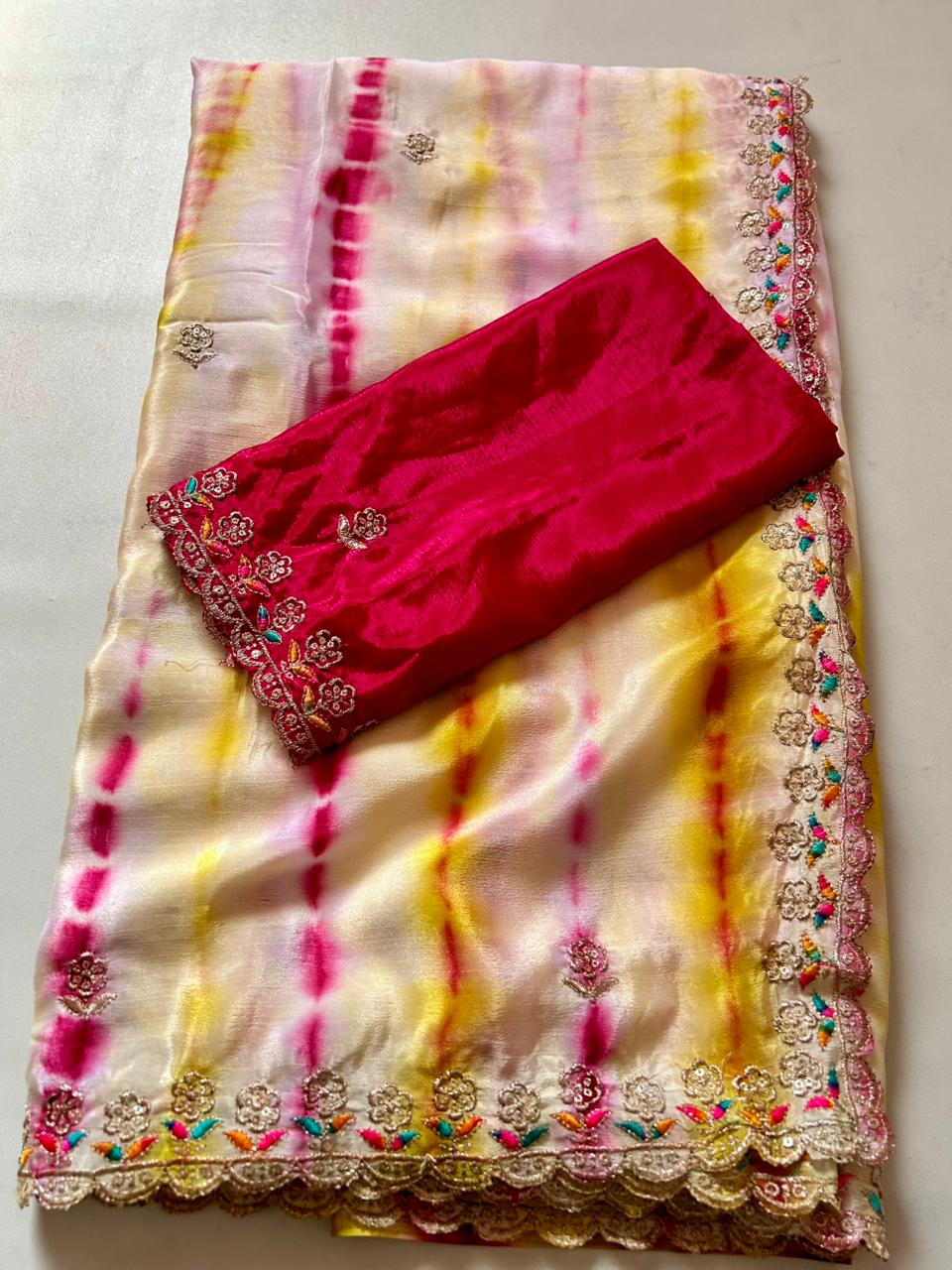 Adorning Party Wear Chinnon Silk Embroidery n Cut Work Border Fancy Saree For Women