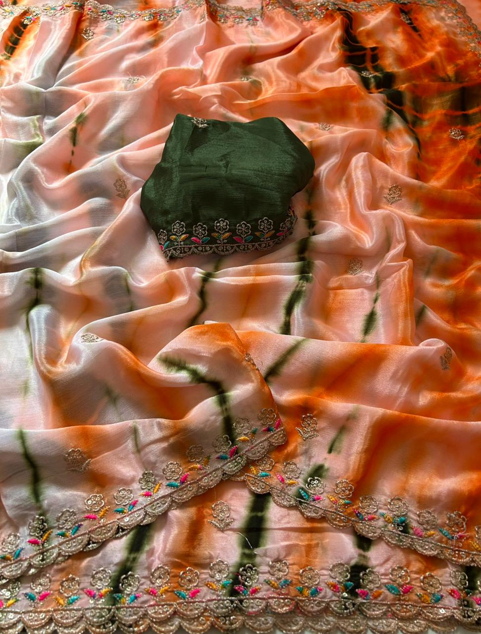 Adorning Party Wear Chinnon Silk Embroidery n Cut Work Border Fancy Saree For Women