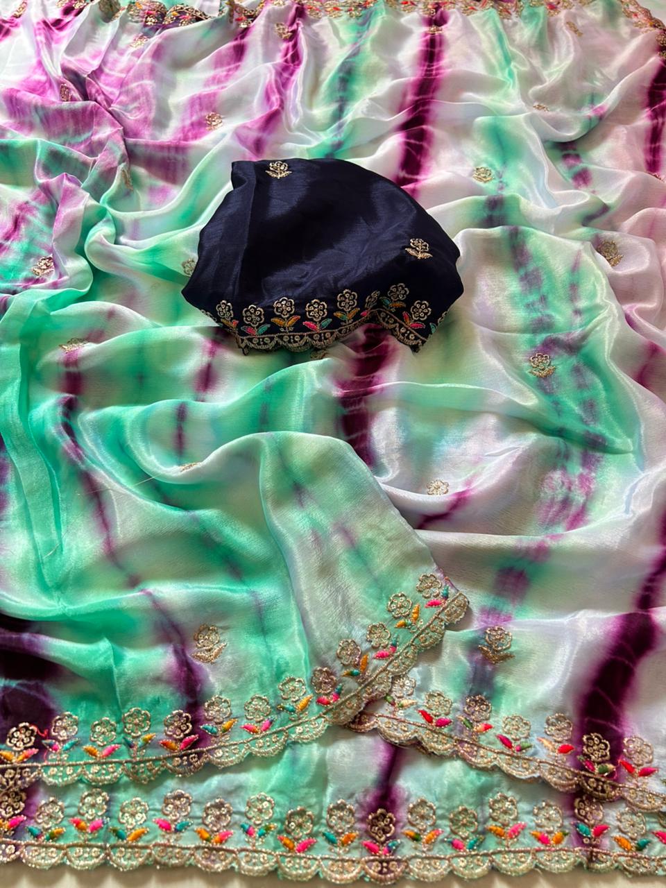 Adorning Party Wear Chinnon Silk Embroidery n Cut Work Border Fancy Saree For Women