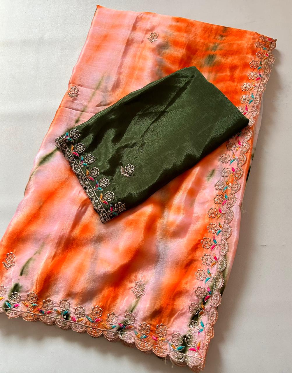 Adorning Party Wear Chinnon Silk Embroidery n Cut Work Border Fancy Saree For Women
