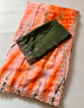 Load image into Gallery viewer, Adorning Party Wear Chinnon Silk Embroidery n Cut Work Border Fancy Saree For Women

