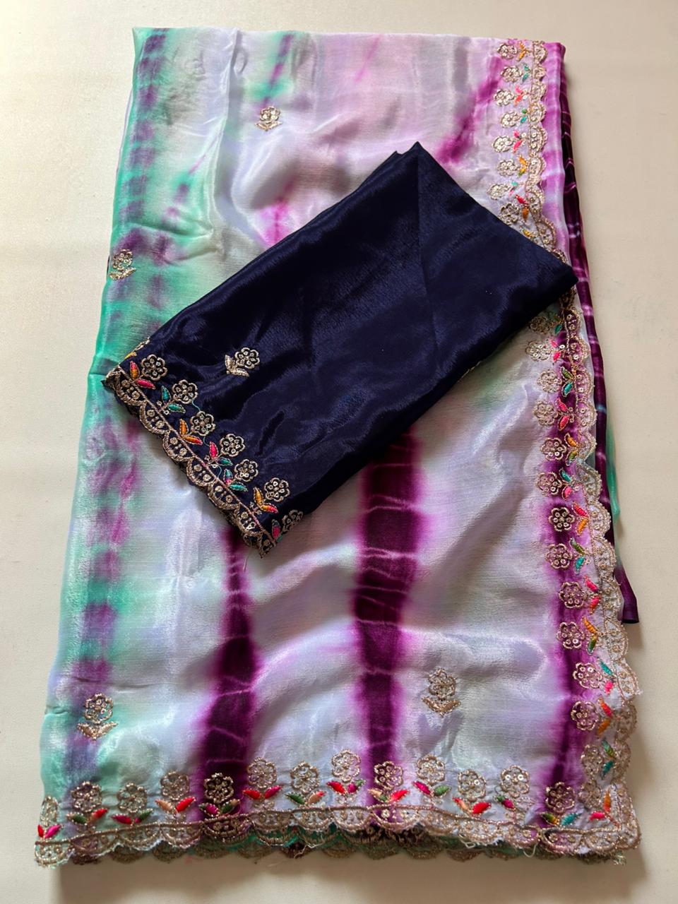 Adorning Party Wear Chinnon Silk Embroidery n Cut Work Border Fancy Saree For Women