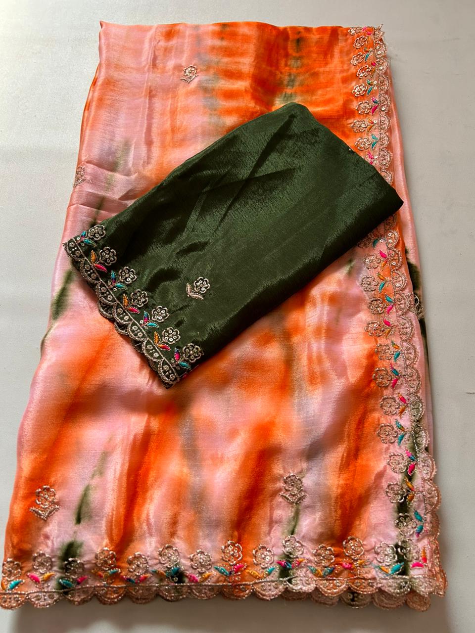 Adorning Party Wear Chinnon Silk Embroidery n Cut Work Border Fancy Saree For Women