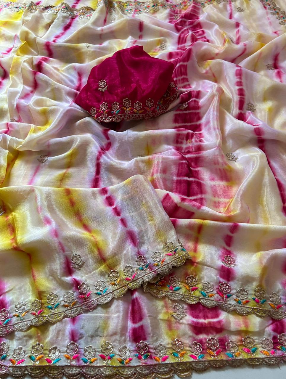 Adorning Party Wear Chinnon Silk Embroidery n Cut Work Border Fancy Saree For Women