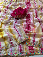 Load image into Gallery viewer, Adorning Party Wear Chinnon Silk Embroidery n Cut Work Border Fancy Saree For Women
