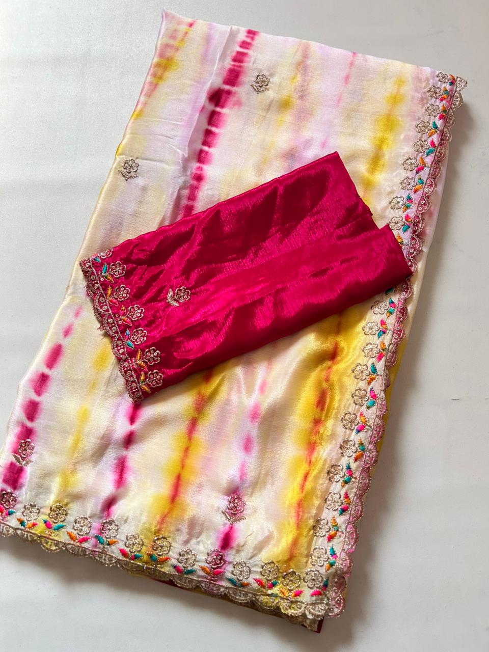 Adorning Party Wear Chinnon Silk Embroidery n Cut Work Border Fancy Saree For Women