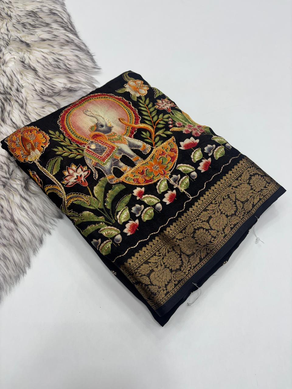 Mellifluous Function Wear Silk Printed n Mirror Work Jacquard Border Fancy Designer Saree