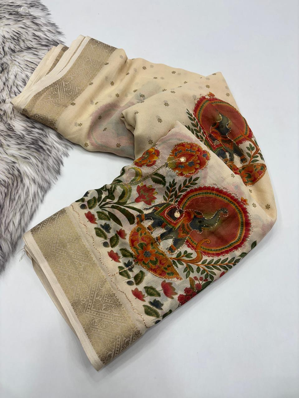 Mellifluous Function Wear Silk Printed n Mirror Work Jacquard Border Fancy Designer Saree