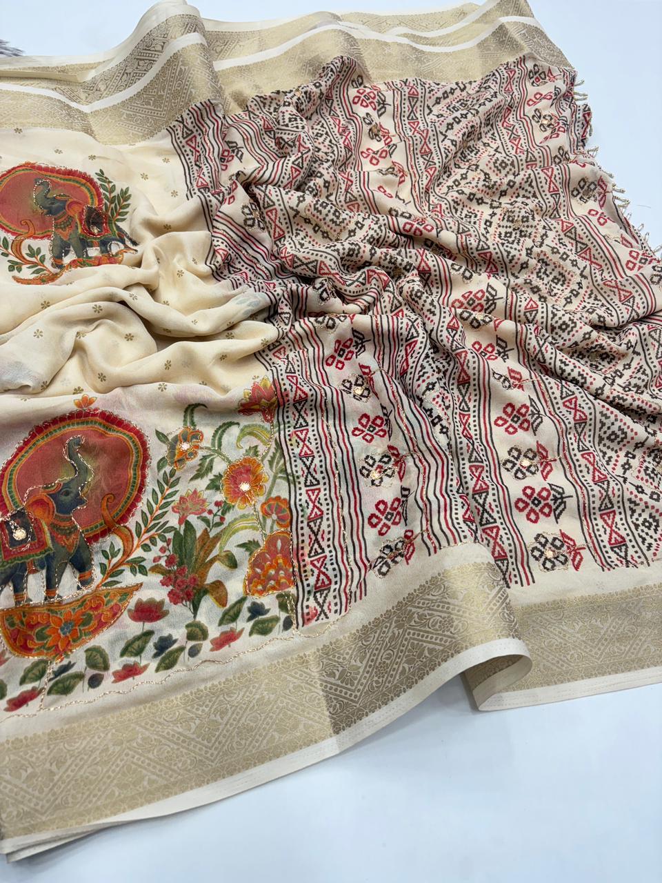 Mellifluous Function Wear Silk Printed n Mirror Work Jacquard Border Fancy Designer Saree