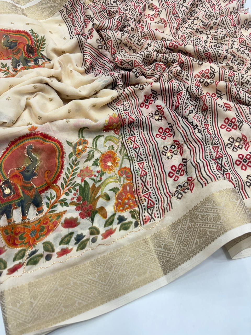 Mellifluous Function Wear Silk Printed n Mirror Work Jacquard Border Fancy Designer Saree