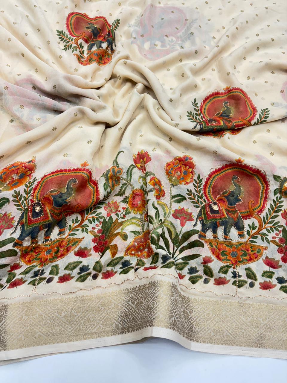 Mellifluous Function Wear Silk Printed n Mirror Work Jacquard Border Fancy Designer Saree