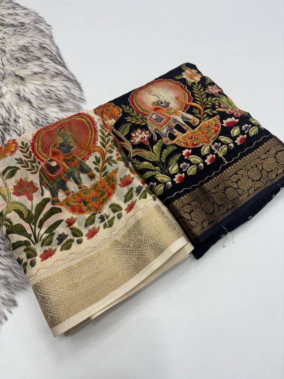 Mellifluous Function Wear Silk Printed n Mirror Work Jacquard Border Fancy Designer Saree