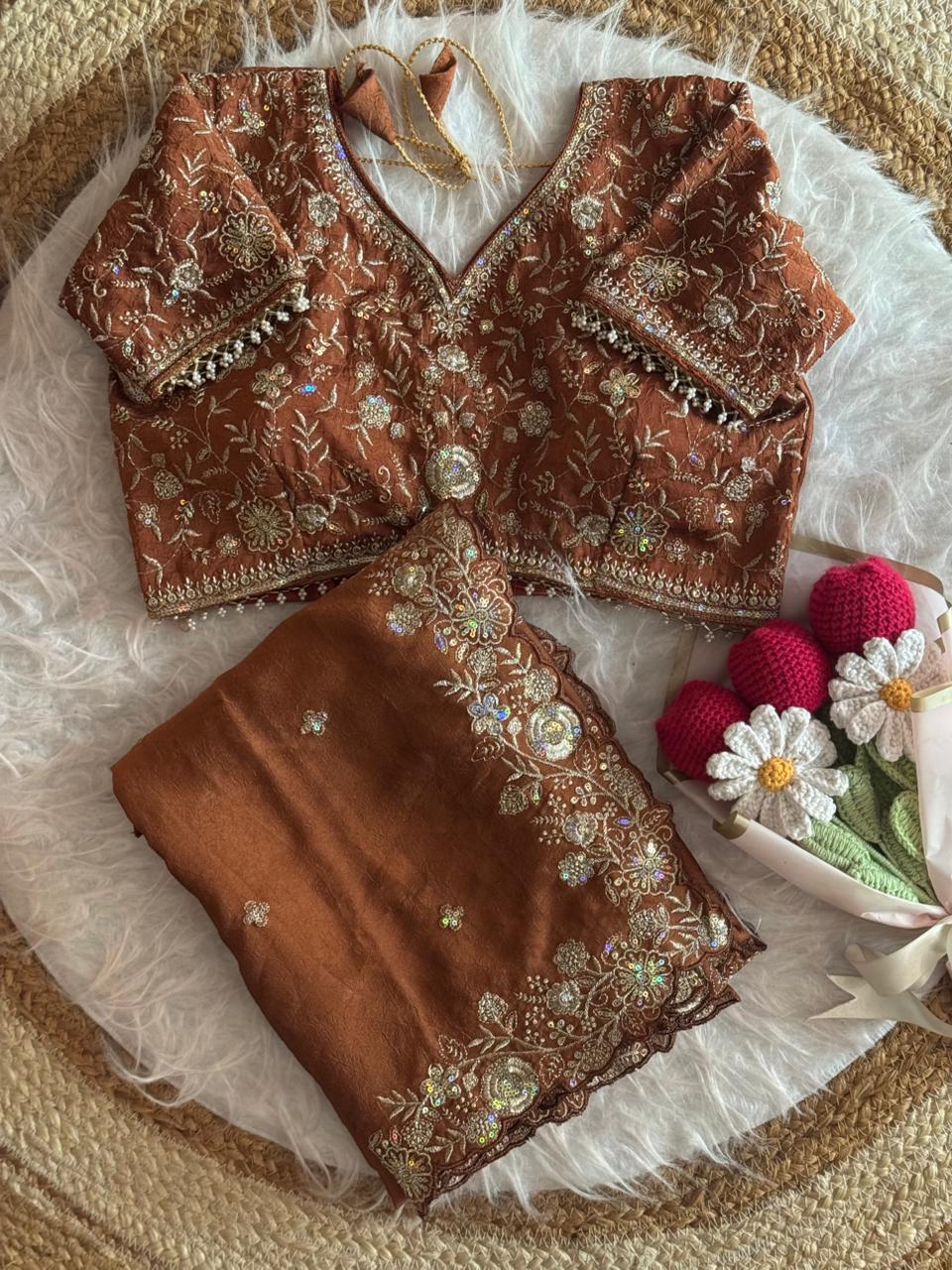 Blooming Wedding Wear Crush Silk Embroidery Sequence n Jari Work Designer Saree With Stitched Blouse