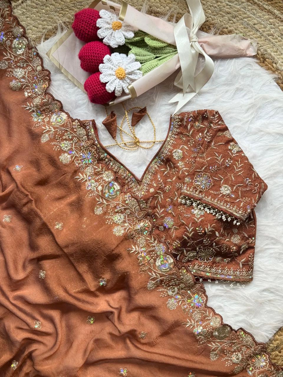 Blooming Wedding Wear Crush Silk Embroidery Sequence n Jari Work Designer Saree With Stitched Blouse