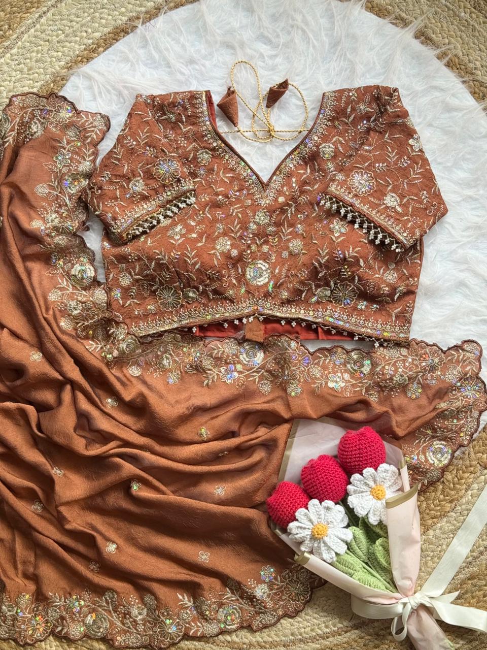 Blooming Wedding Wear Crush Silk Embroidery Sequence n Jari Work Designer Saree With Stitched Blouse