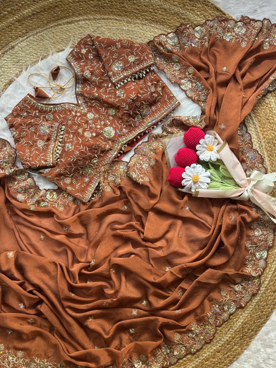 Blooming Wedding Wear Crush Silk Embroidery Sequence n Jari Work Designer Saree With Stitched Blouse