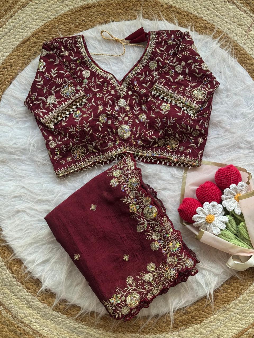 Blooming Wedding Wear Crush Silk Embroidery Sequence n Jari Work Designer Saree With Stitched Blouse