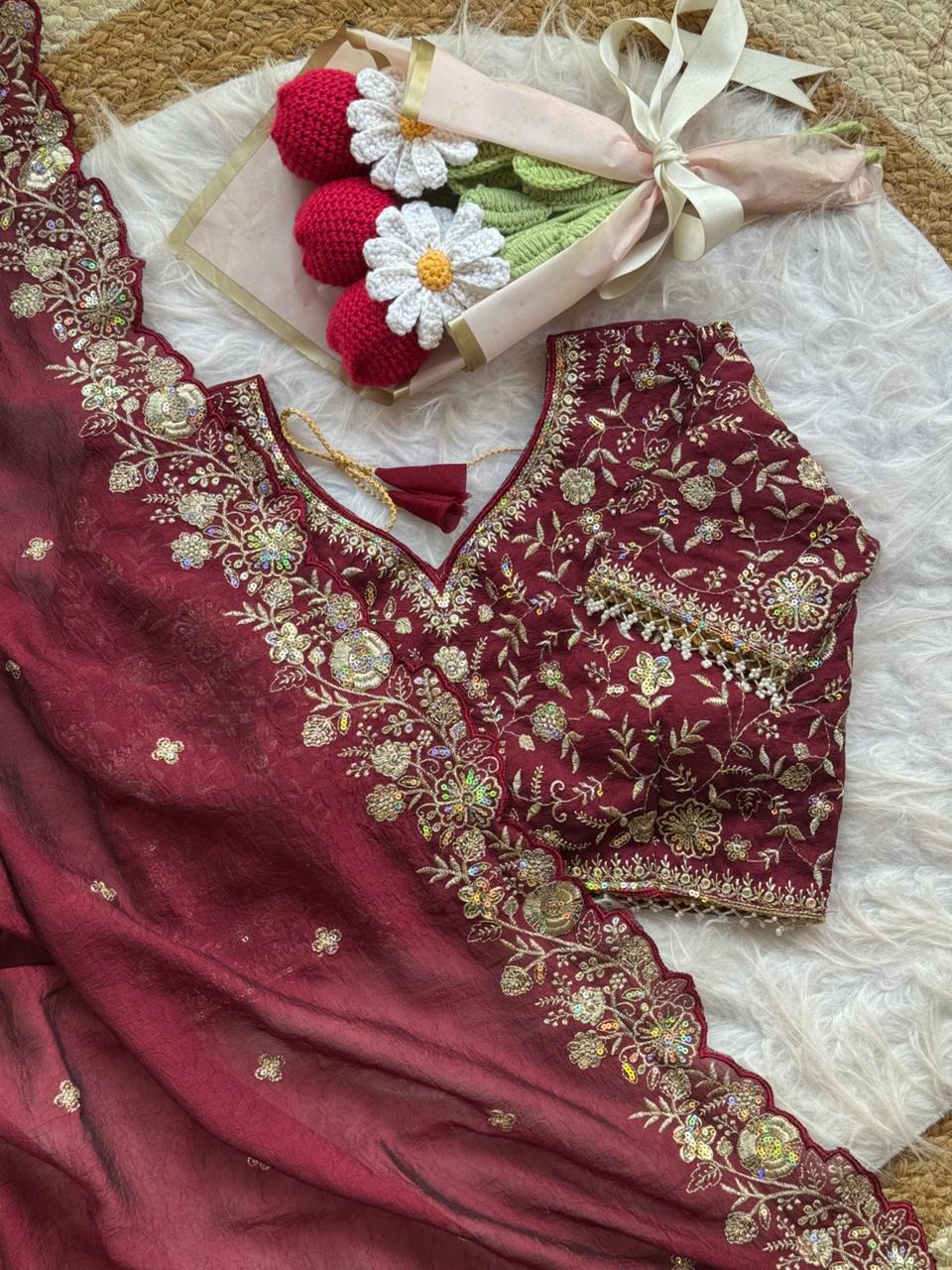 Blooming Wedding Wear Crush Silk Embroidery Sequence n Jari Work Designer Saree With Stitched Blouse