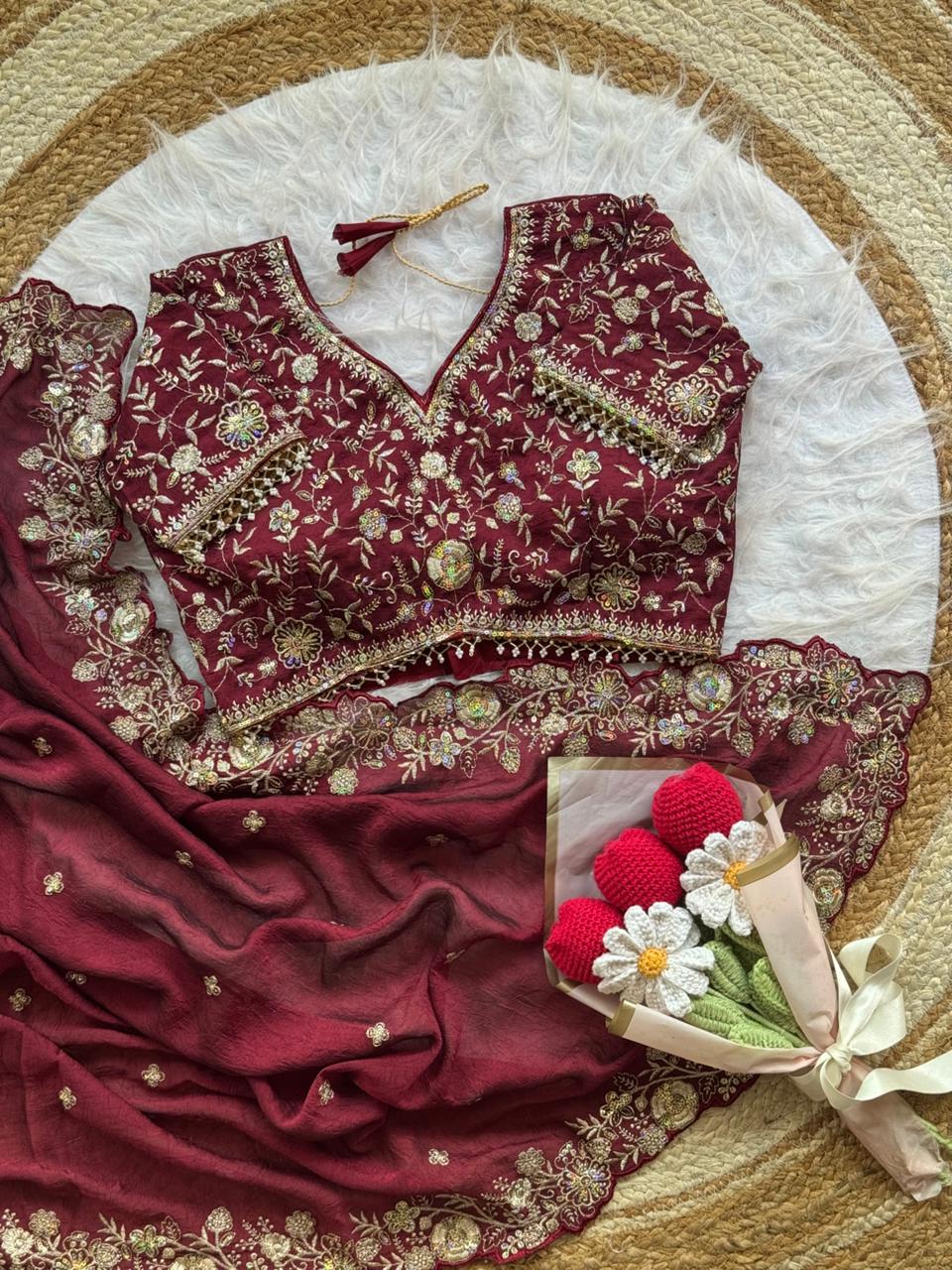 Blooming Wedding Wear Crush Silk Embroidery Sequence n Jari Work Designer Saree With Stitched Blouse