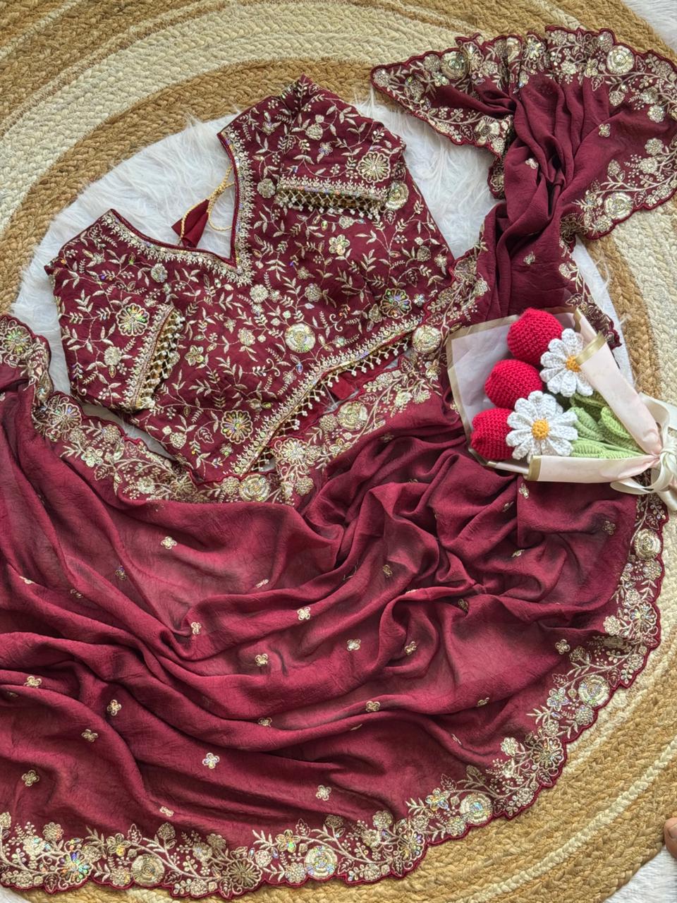 Blooming Wedding Wear Crush Silk Embroidery Sequence n Jari Work Designer Saree With Stitched Blouse