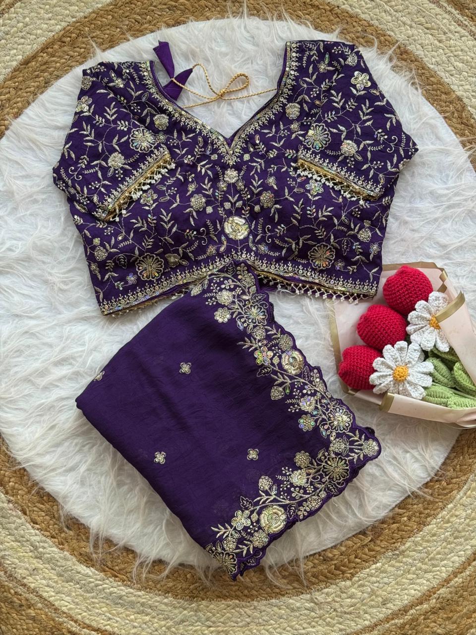 Blooming Wedding Wear Crush Silk Embroidery Sequence n Jari Work Designer Saree With Stitched Blouse