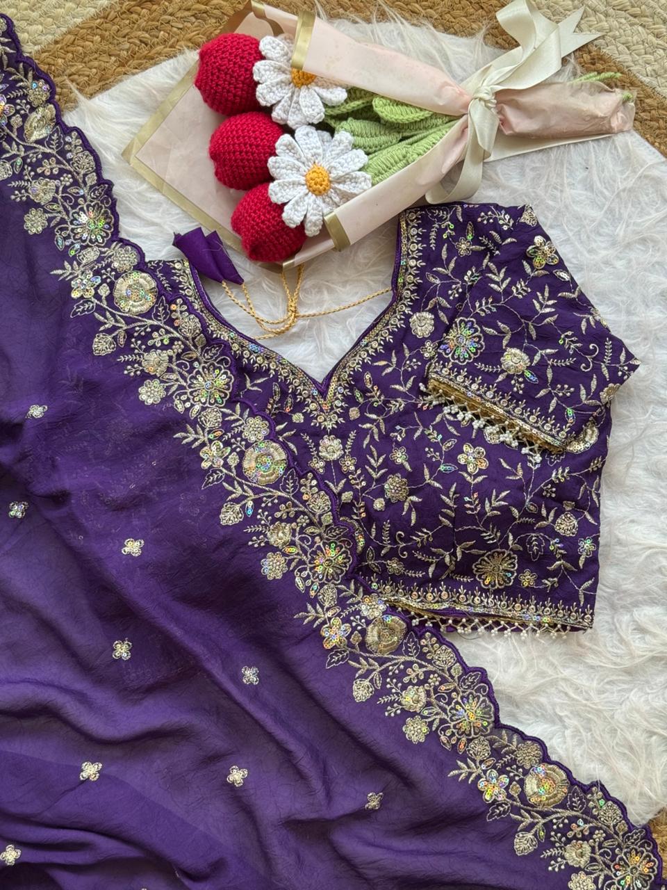 Blooming Wedding Wear Crush Silk Embroidery Sequence n Jari Work Designer Saree With Stitched Blouse