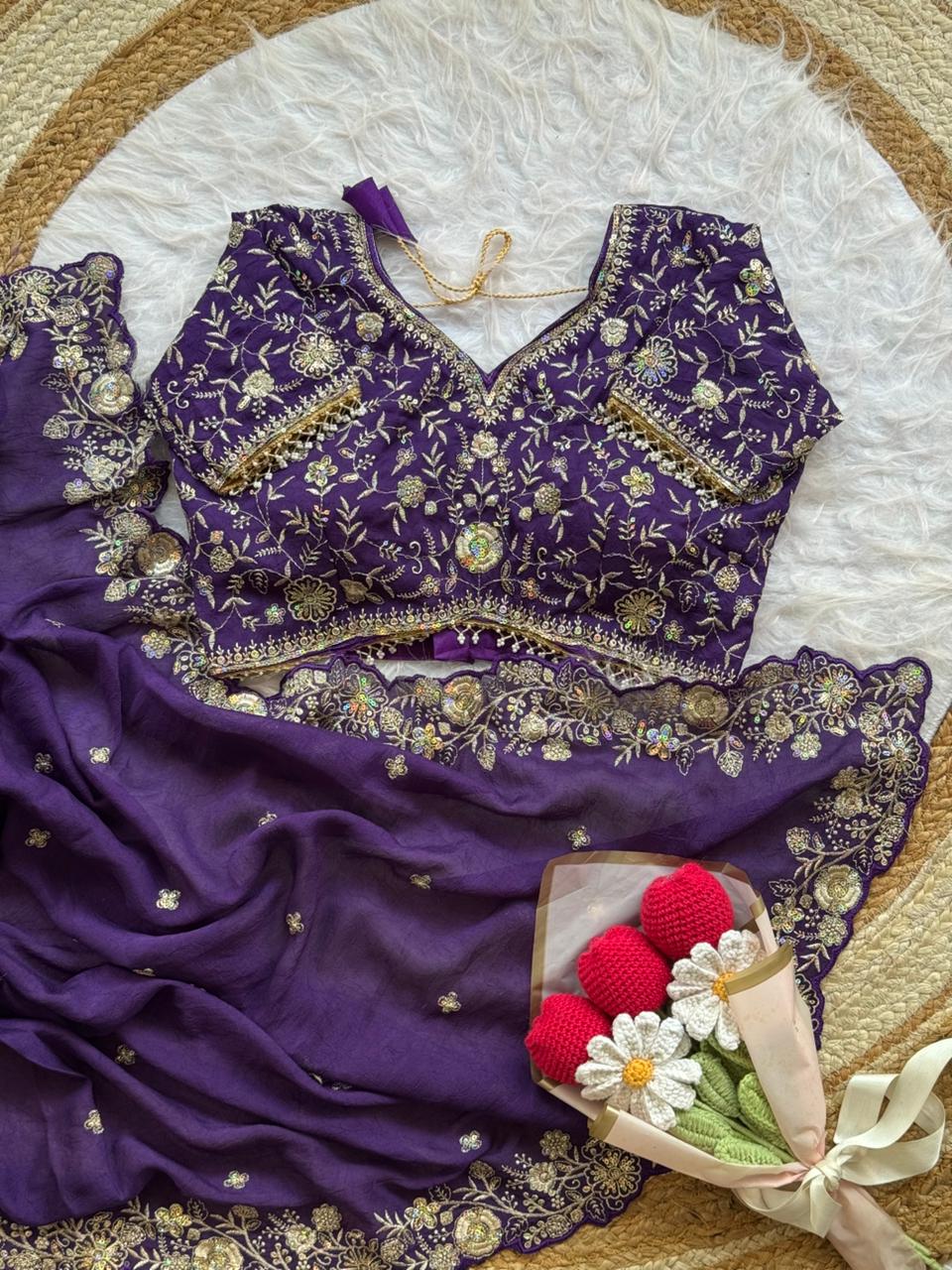 Blooming Wedding Wear Crush Silk Embroidery Sequence n Jari Work Designer Saree With Stitched Blouse